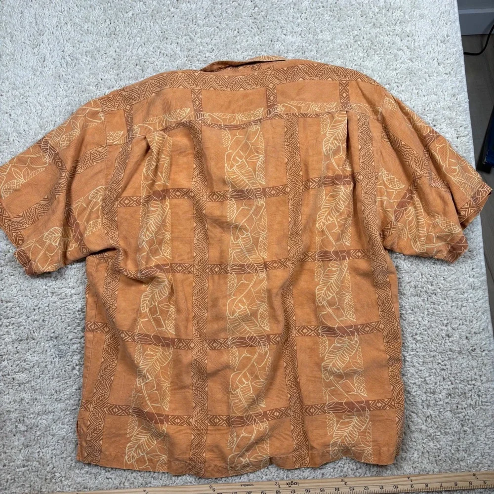 Tommy Bahama Silk Camp‎ Shirt Mens XL Orange Excellent Tropical Leaf Jacquard